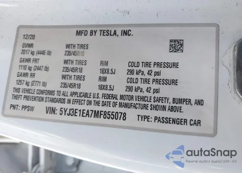 2021 Tesla Model 3 Standard Range Plus Rear-Wheel Drive from USA, damaged, VIN 5YJ3E1EA7MF855078